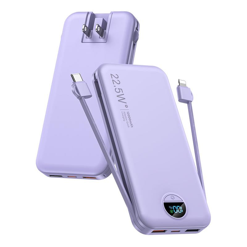 Ultra-Thin 12,000Mah Power Bank with Built-In AC Plug & Cable, USB-C PD20W Fast Charging, LED Digital Display, Portable Charger for Iphone Androi