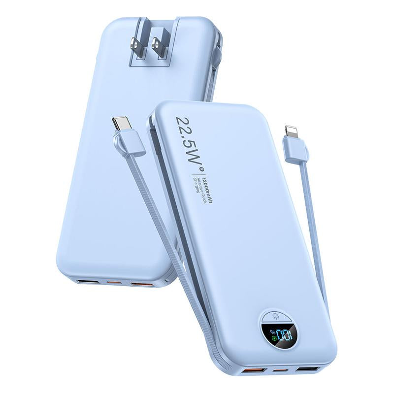 Ultra-Thin 12,000Mah Power Bank with Built-In AC Plug & Cable, USB-C PD20W Fast Charging, LED Digital Display, Portable Charger for Iphone Androi