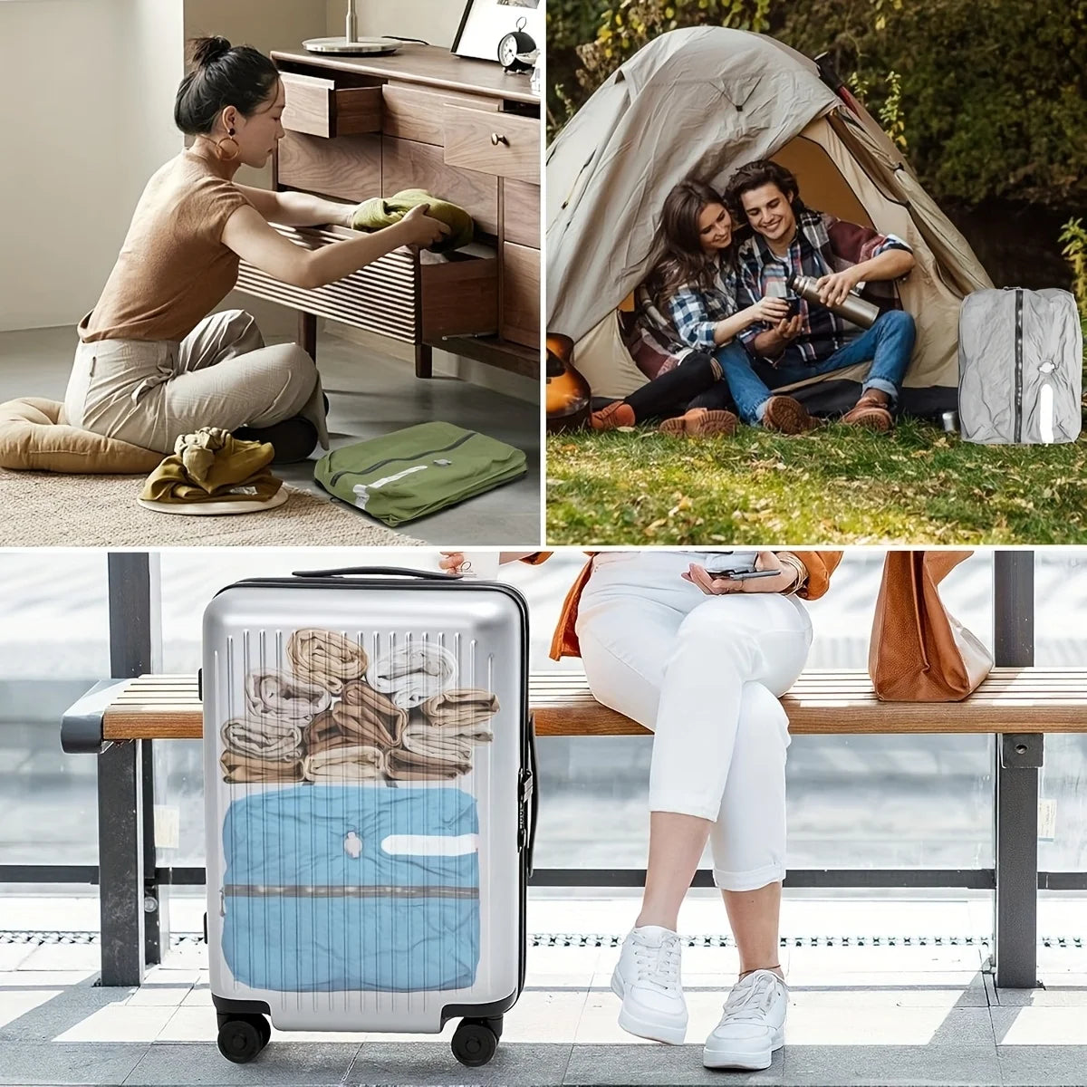 Vacuum Storage Bags for Travel, Reusable Compression Bag with IPX8 Waterproof Zipper, save Space for Suitcase, Backpack and Carry on (Extralarge, No Pump)