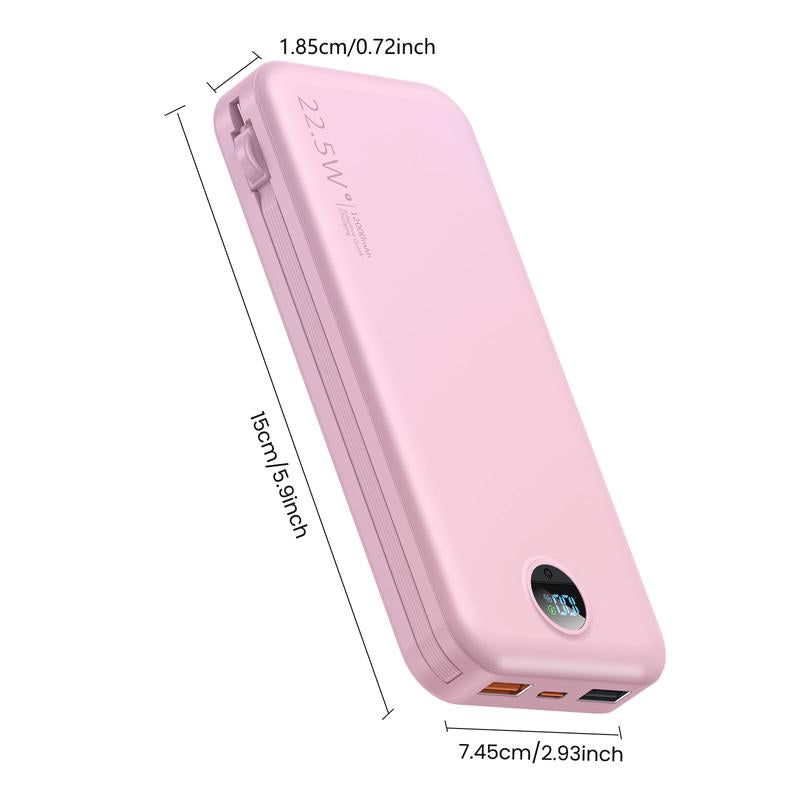 Ultra-Thin 12,000Mah Power Bank with Built-In AC Plug & Cable, USB-C PD20W Fast Charging, LED Digital Display, Portable Charger for Iphone Androi