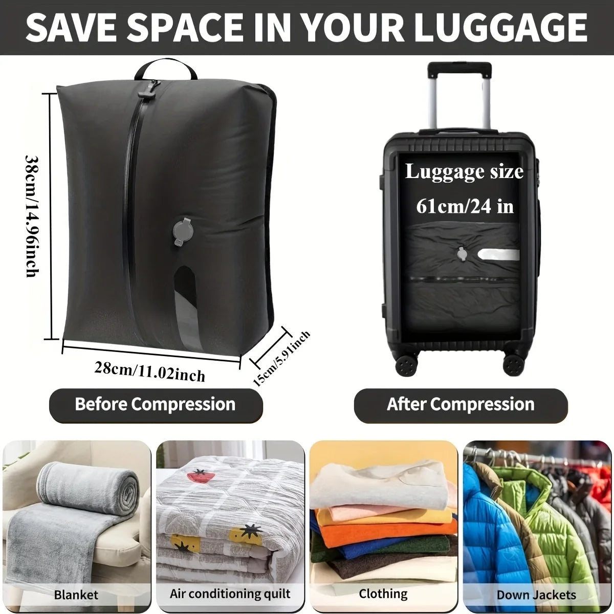 Vacuum Storage Bags for Travel, Reusable Compression Bag with IPX8 Waterproof Zipper, save Space for Suitcase, Backpack and Carry on (Extralarge, No Pump)