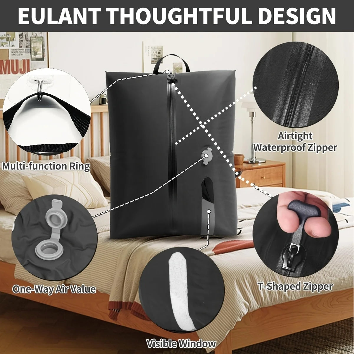 Vacuum Storage Bags for Travel, Reusable Compression Bag with IPX8 Waterproof Zipper, save Space for Suitcase, Backpack and Carry on (Extralarge, No Pump)