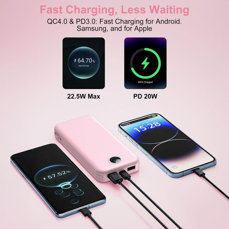 Ultra-Thin 12,000Mah Power Bank with Built-In AC Plug & Cable, USB-C PD20W Fast Charging, LED Digital Display, Portable Charger for Iphone Androi