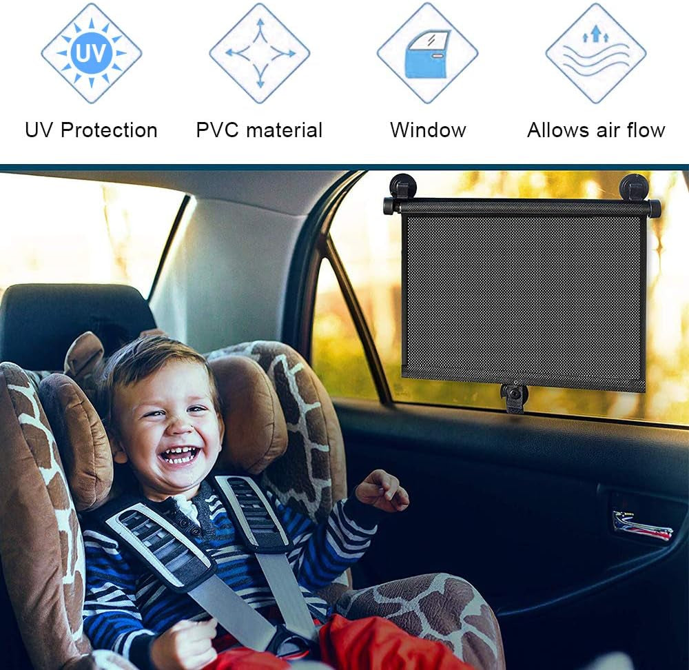 Auto Retractable Roller Sun Shade for Car Window - Block Glare and Heat, 2Pcs