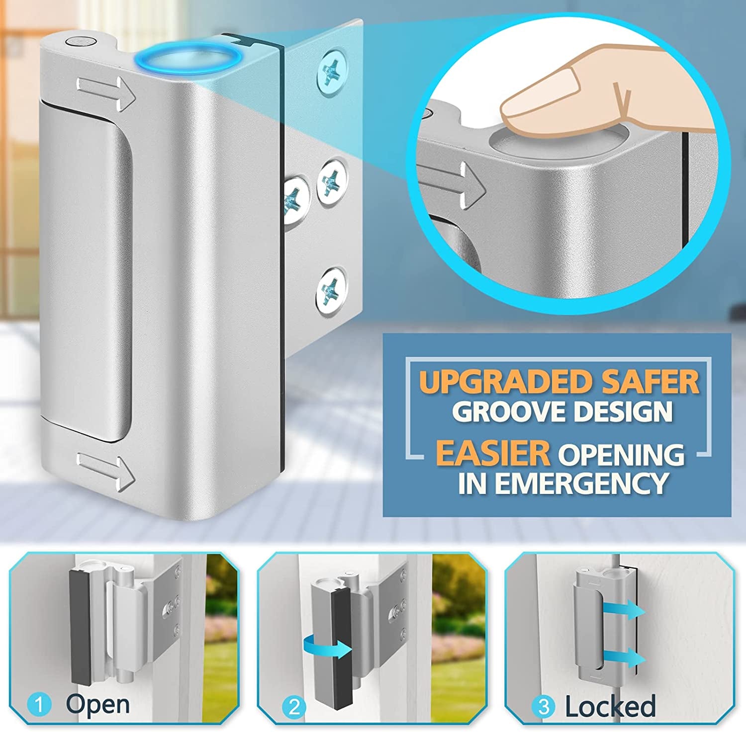 Home Security Door Reinforcement Lock - Safety Child Proof Door Locks with 8 Screws for Inward Swinging Front Doors, Extra Add a Top Lock inside Withstands 800 Lbs Deadbolt Latch, Guard Bedroom Patio