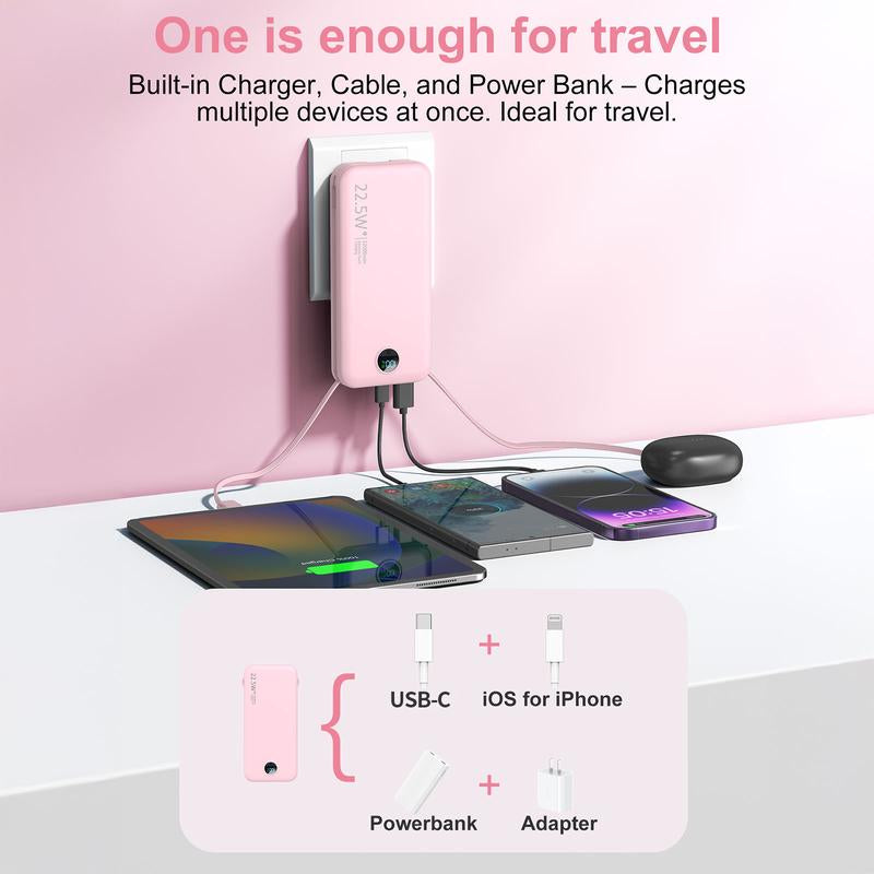 Ultra-Thin 12,000Mah Power Bank with Built-In AC Plug & Cable, USB-C PD20W Fast Charging, LED Digital Display, Portable Charger for Iphone Androi