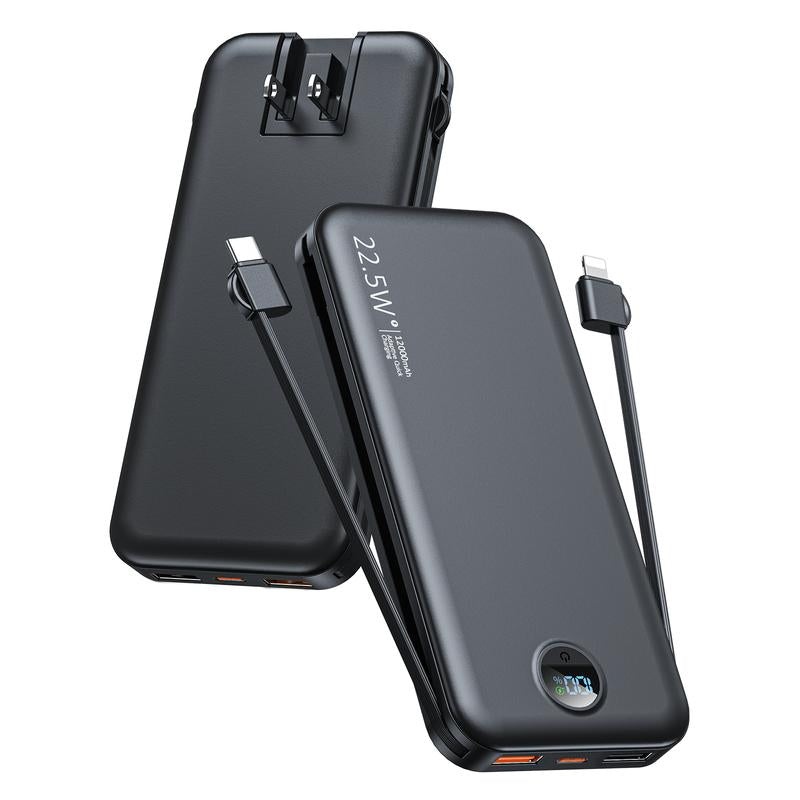 Ultra-Thin 12,000Mah Power Bank with Built-In AC Plug & Cable, USB-C PD20W Fast Charging, LED Digital Display, Portable Charger for Iphone Androi