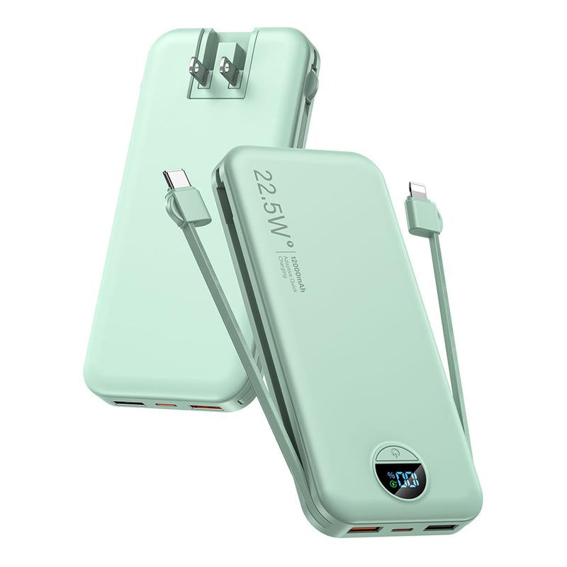 Ultra-Thin 12,000Mah Power Bank with Built-In AC Plug & Cable, USB-C PD20W Fast Charging, LED Digital Display, Portable Charger for Iphone Androi