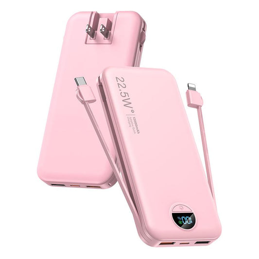 Ultra-Thin 12,000Mah Power Bank with Built-In AC Plug & Cable, USB-C PD20W Fast Charging, LED Digital Display, Portable Charger for Iphone Androi