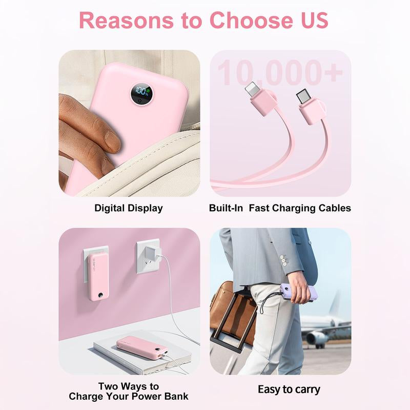 Ultra-Thin 12,000Mah Power Bank with Built-In AC Plug & Cable, USB-C PD20W Fast Charging, LED Digital Display, Portable Charger for Iphone Androi