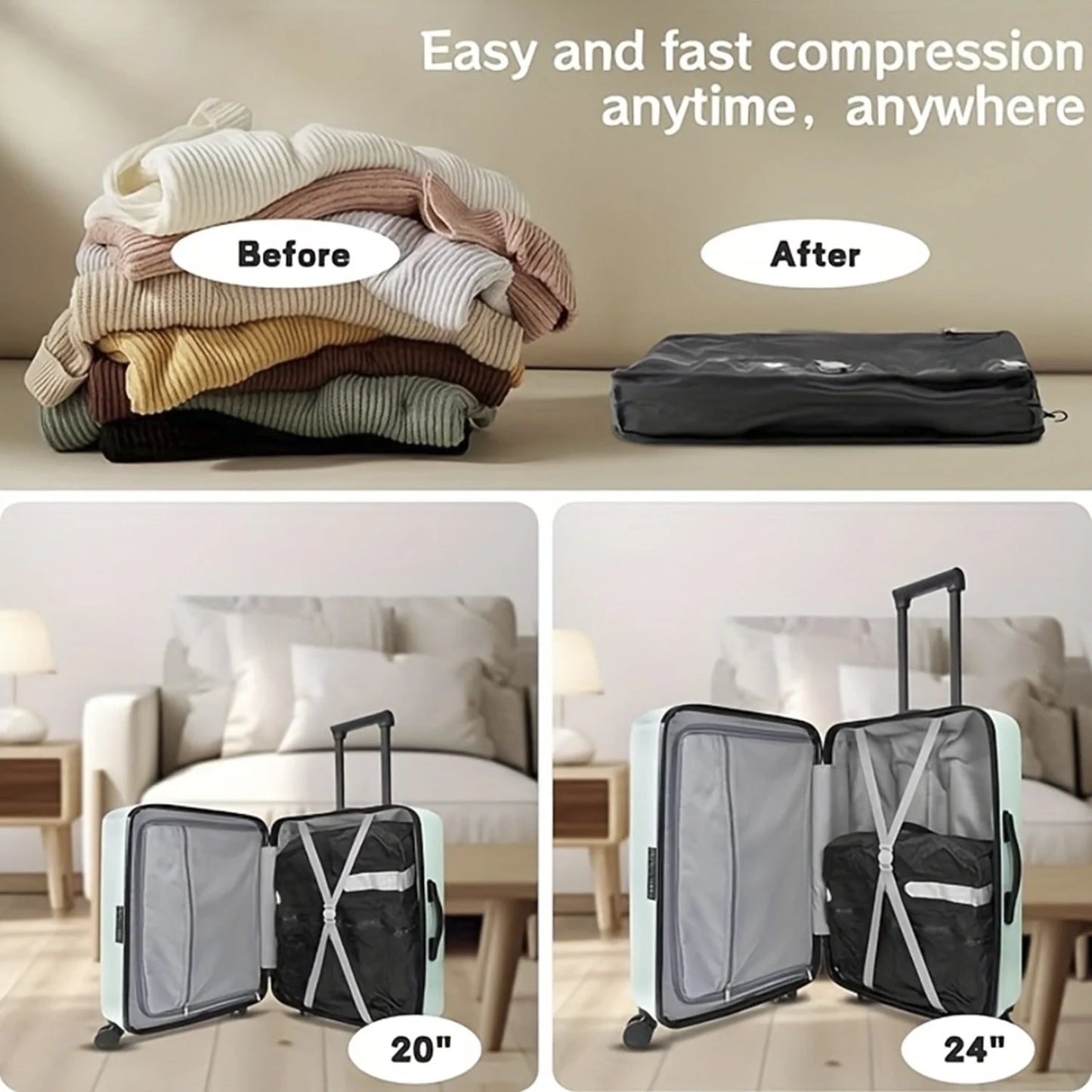Vacuum Storage Bags for Travel, Reusable Compression Bag with IPX8 Waterproof Zipper, save Space for Suitcase, Backpack and Carry on (Extralarge, No Pump)